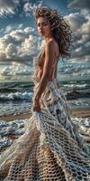 Beach model poses in elegant fashion as sunset brings out the beauty of the seascape and hairstyle photo