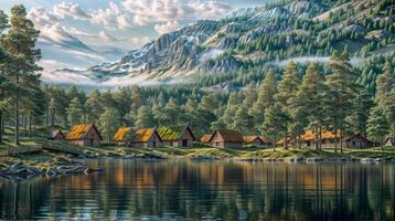 Viking village with historical landscape, mountains, pines, and water reflection in a serene forest setting photo