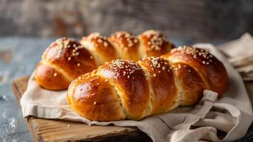 Traditional braided Challah bread with golden sesame seeds on rustic wooden board photo