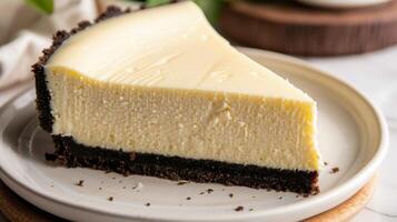 Delicious creamy cheesecake with chocolate crust on plate serves as a sweet gourmet dessert photo