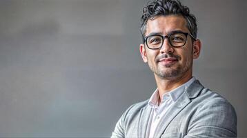 profesional empresario con lentes poses con confianza en un retrato de éxito foto