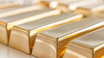 Gold bars showcase investment and wealth through shiny bullion banking in precious metal reflections photo