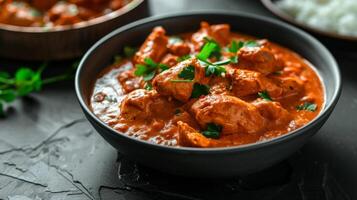 A bowl of Chicken Tikka Masala served with Indian spices and Basmati Rice photo