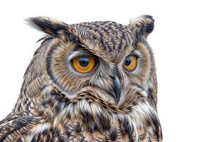 Close-up of an owl with detailed feathers and captivating eyes in wildlife portrait photo