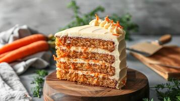 Carrot cake with cream cheese icing and layered dessert elegance on a wooden plate photo