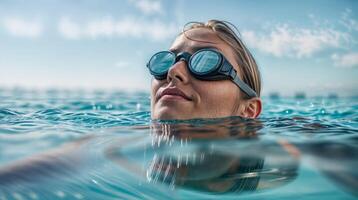 nadador con gafas de protección en sereno agua crea un atlético y deportivo Oceano ocio escena foto