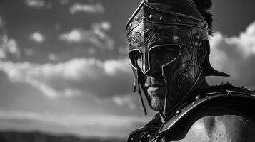 Intense portrait of a gladiator with helmet and armor in dramatic monochrome photo