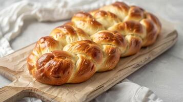 Golden braided Challah bread with shiny crust traditional Jewish bakery photo