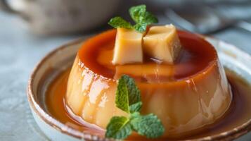 Closeup of a sweet flan dessert with caramel glaze and a mint garnish on a plate photo