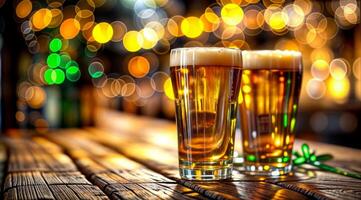 Beer glasses on a wooden bar with froth and bokeh lights in a pub atmosphere photo