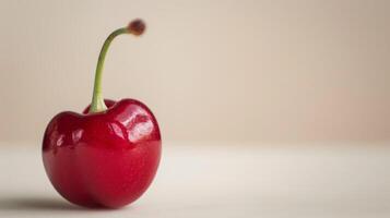 Close-up view of a single red juicy cherry with vibrant fresh appearance photo