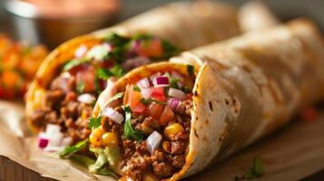 delicioso burrito con carne de res, tomate, cebolla, maíz y queso ofertas un gusto de tradicional mexicano cocina foto