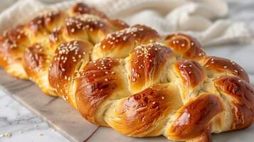 Golden braided challah bread with shiny glaze and sesame seeds displayed on a kitchen table photo