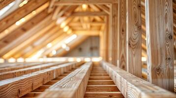 Wooden roof with impressive architecture and craftsmanship in a building's timber structure photo