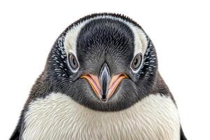 Close-up penguin portrait with distinctive eyes and feathers in wildlife setting photo