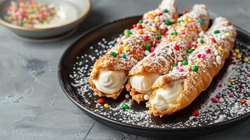 Cannoli dessert with sweet ricotta filling and colorful sprinkles on a sugar-dusted plate photo