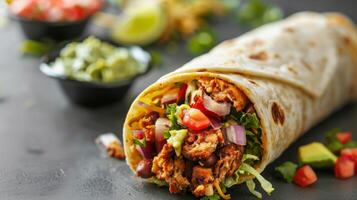 Delicious burrito with chicken, vegetables, avocado, and salsa wrapped in a Mexican cuisine-inspired tortilla photo