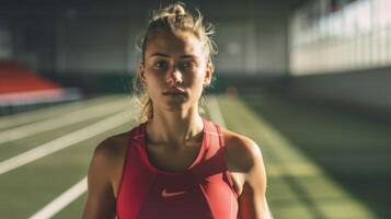 Athlete poised on track field, portrays strength and determination during training photo