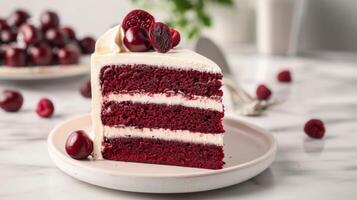 Red velvet cake with cream cheese frosting and raspberry garnish on elegant dessert plate photo