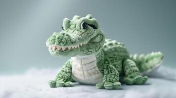 Close-up of a green plush alligator toy with soft stuffed fabric texture photo