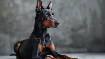 Elegant Doberman Pinscher sitting in a studio portrait displaying its black and brown coat photo