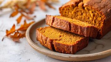 Delicious pumpkin bread with autumn spices served as a seasonal dessert photo
