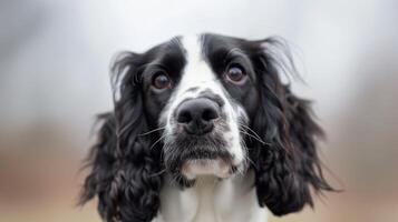 de cerca retrato de un Inglés saltador spaniel perro con atento ojos y expresivo orejas foto