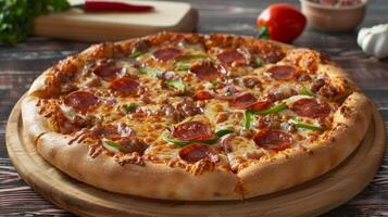 Italian Pepperoni Pizza with Cheese, Tomato, Bell Pepper, and Onion on a Wooden Table photo