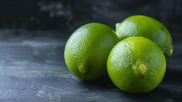 Close-up of fresh green whole limes with vibrant citrus texture on a dark background photo