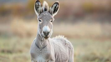 Donkey portrait in a field featuring wildlife, nature, animal, mammal, and equine elements photo