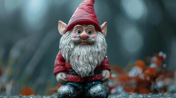 Gnome figurine dwarf statue with fantasy garden decor in whimsical red photo