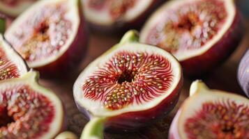 Cut halved figs with seeds exposed in a close-up fresh and ripe with a juicy red center photo
