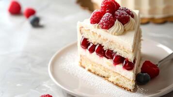 delicioso ópera pastel con frambuesa, Cereza capas, y crema en un gastrónomo Pastelería plato foto