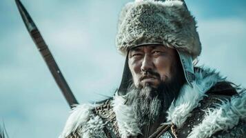 Mongol warrior in traditional fur armor with sword sternly gazing ahead photo
