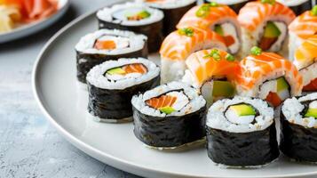 Delectable sushi platter with salmon, avocado, rice, nori, roll, and Japanese elements photo