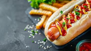 Closeup of a delicious hotdog with mustard, ketchup, sesame bun, grilled sausage and garnish photo