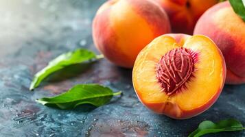 Closeup of a fresh and juicy ripe peach with half cut revealing the seed and leaves with waterdrops photo