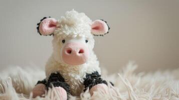 Fluffy cow plush toy with soft pink details sitting on a textured surface photo