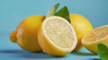 Fresh and juicy sliced lemons with vibrant yellow citrus fruit on a blue background photo