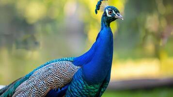 pavo real con iridiscente plumaje vitrinas pájaro en naturaleza con fauna silvestre y vistoso plumas foto