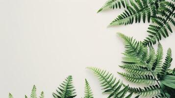 helechos y verde hojas con un mínimo diseño en blanco antecedentes oferta un Fresco botánico ambiente foto