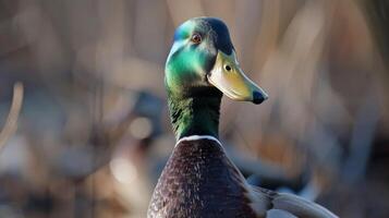 Close-up portrait of a mallard duck with detailed feathers and orange eyes in nature photo