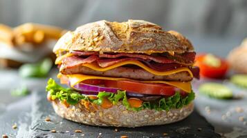 Delicious gourmet sandwich with meat, cheese, lettuce, tomato, and onion photo