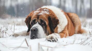 Saint Bernard dog in snow displaying winter pet large breed qualities photo