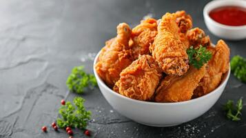 Fried chicken in a bowl with parsley and ketchup creating a fast and delicious snack photo