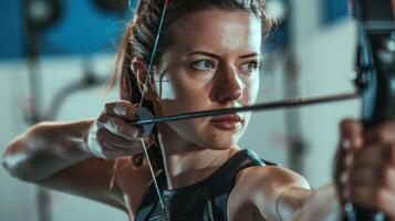 Woman concentrating on archery with bow and arrow aiming for the target photo