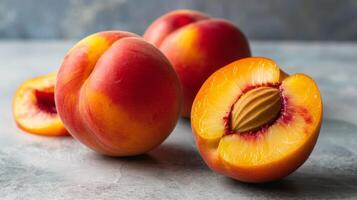 Ripe nectarine with juicy flesh and vibrant red and yellow colors on textured surface photo