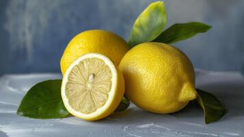 Fresh yellow lemons with vibrant citrus slice on a textured wooden background photo