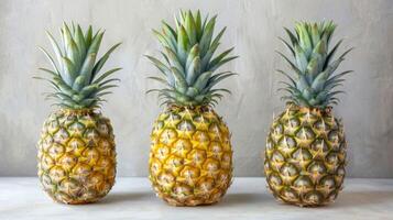 Pineapple trio against light background displaying tropical, fresh, healthy, ripe, and yellow hues photo