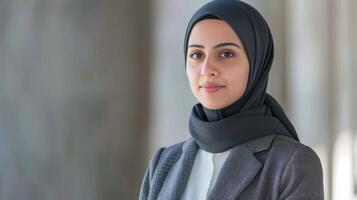 Professional woman in hijab portrays confidence and diversity as an architect in a modern office environment photo